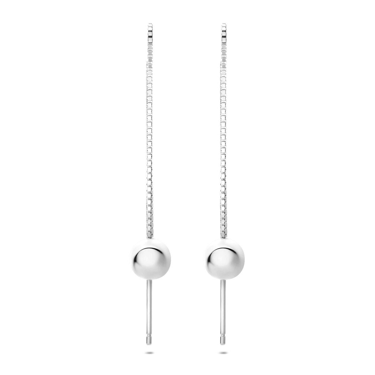 Pendientes largos de plata con bolitas y cadena delgada.