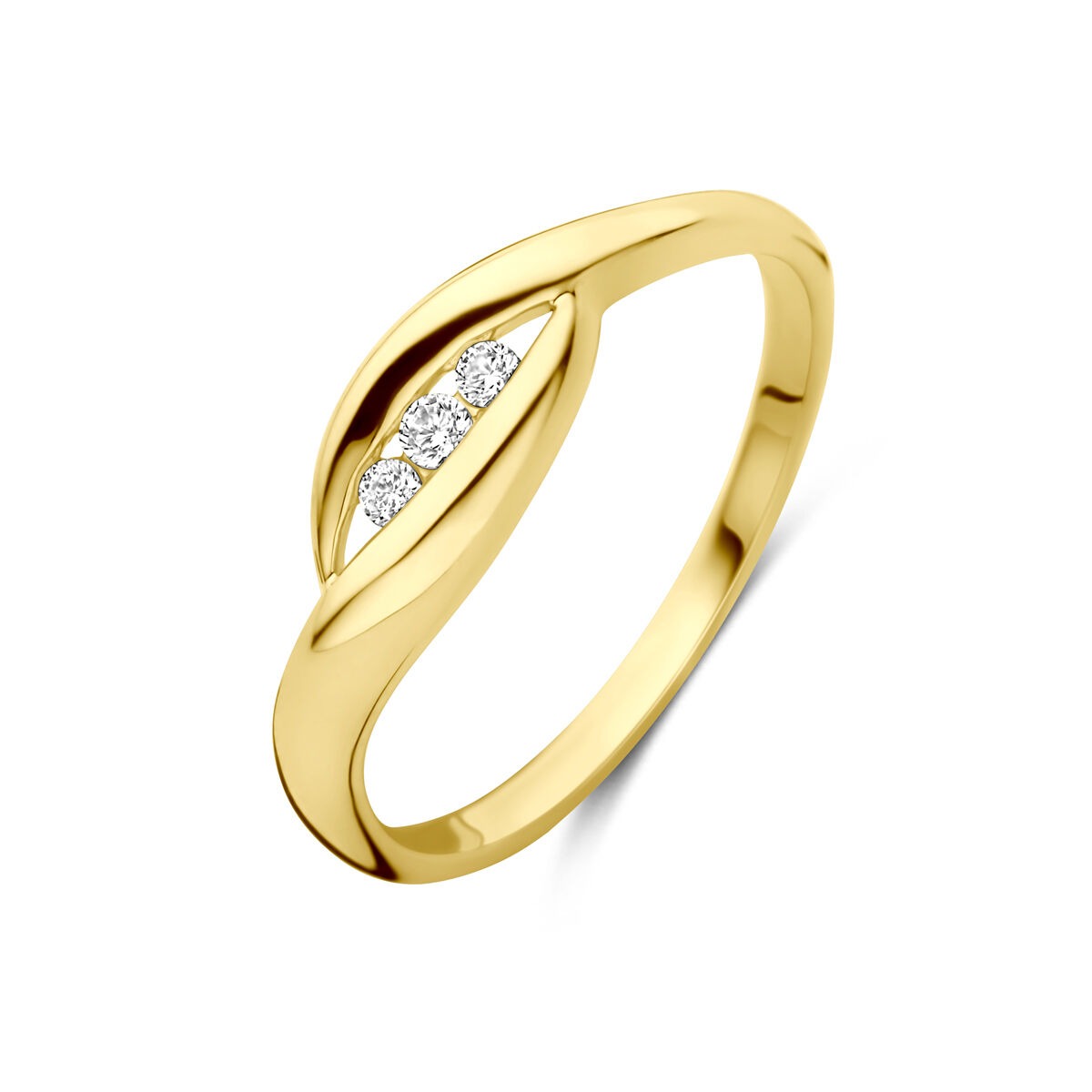 Anillo de dama de oro amarillo de 14k con circonitas, diseño elegante y brillante.