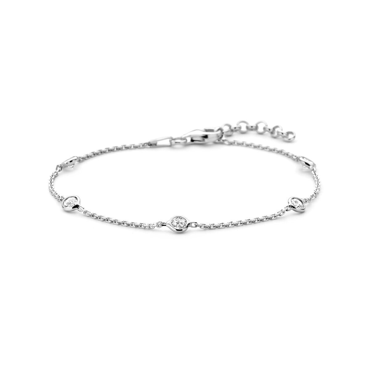 Pulsera de ancla de plata con circonitas, acabado en rodio, diseño delicado y eslabones brillantes.