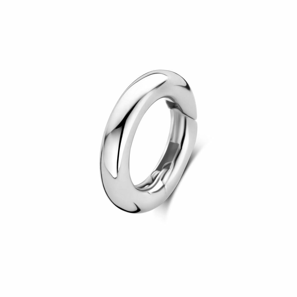 Conector de plata rodiada para damas, de forma ovalada y acabado brillante, mide 12 mm.