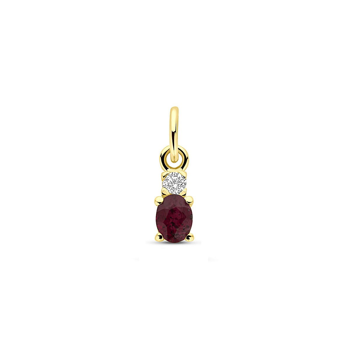 Colgante de oro amarillo de 14k con rubí y circonita, de forma ovalada y tamaño de 12 mm.