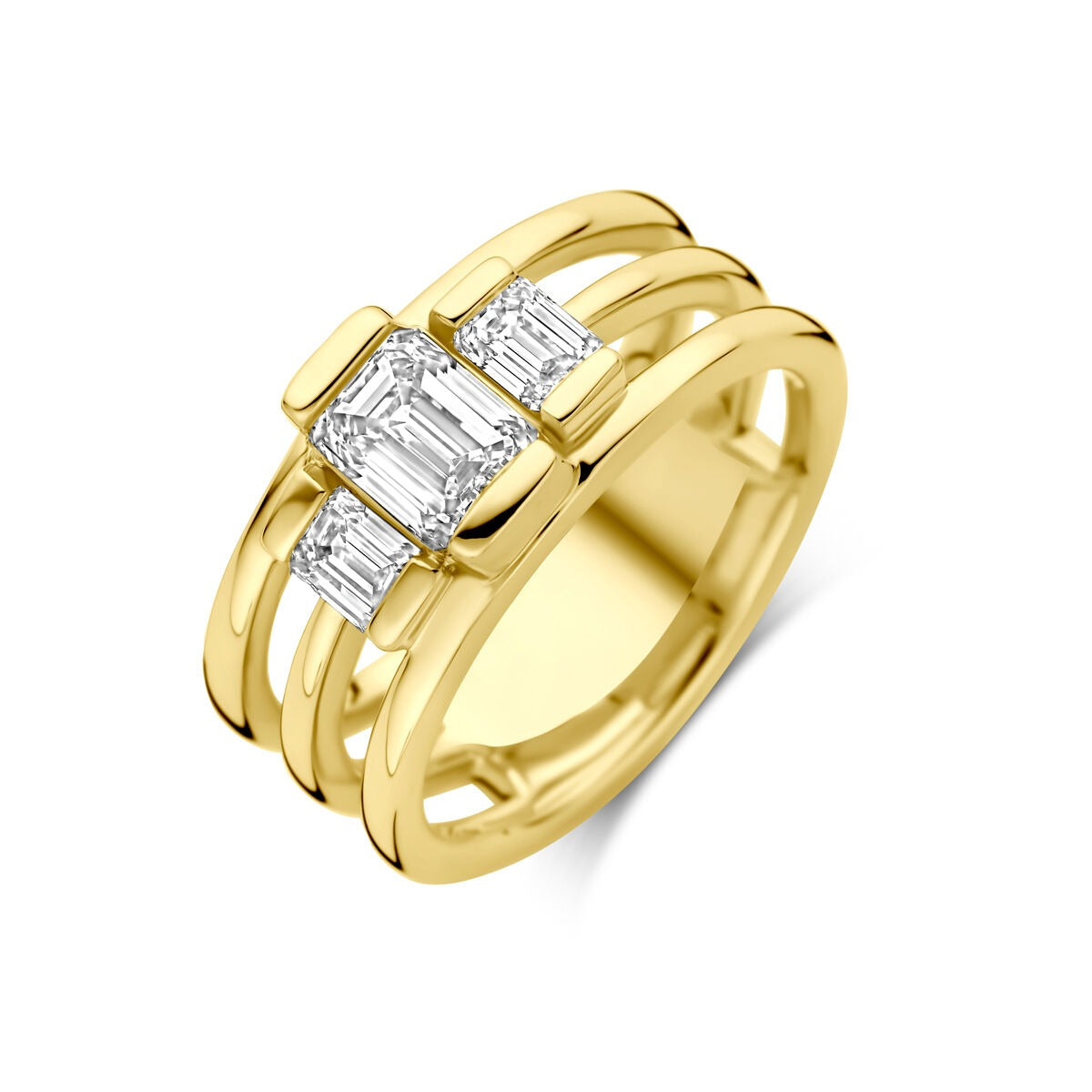 Anillo de dama de oro amarillo de 14k con diamante lab-grown de 1.50ct y detalles en forma rectangular.