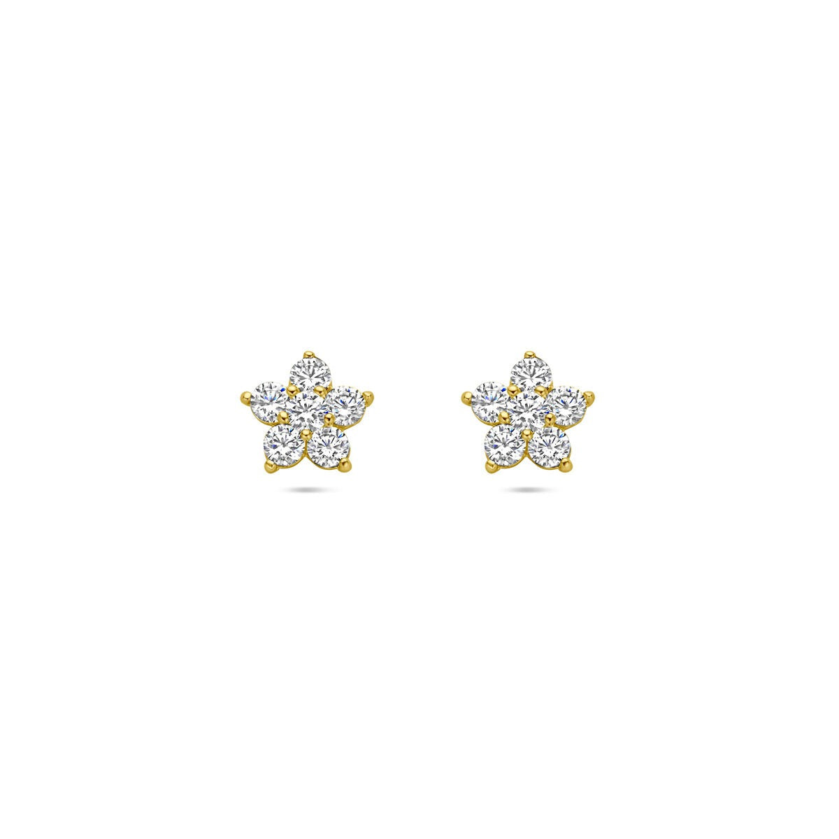 Pendientes de primera puesta en forma de flor de oro amarillo de 14k con circonitas transparentes.