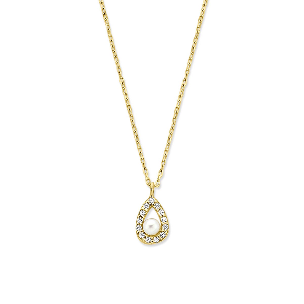 Cadena de oro amarillo de 14k con colgante en forma de gota, adornado con una perla y circonitas.