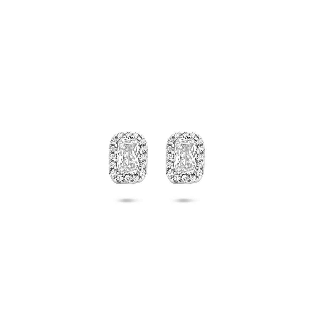 Pendientes de zirconia en plata de ley 925 con acabado en rodio, forma rectangular.