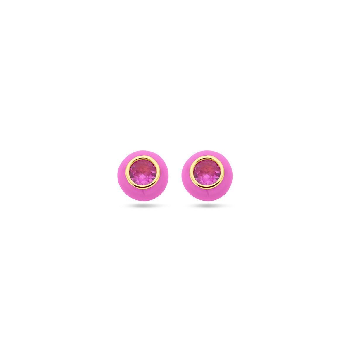 Pendientes de botón de plata dorada con esmalte rosa y circonita rosa.
