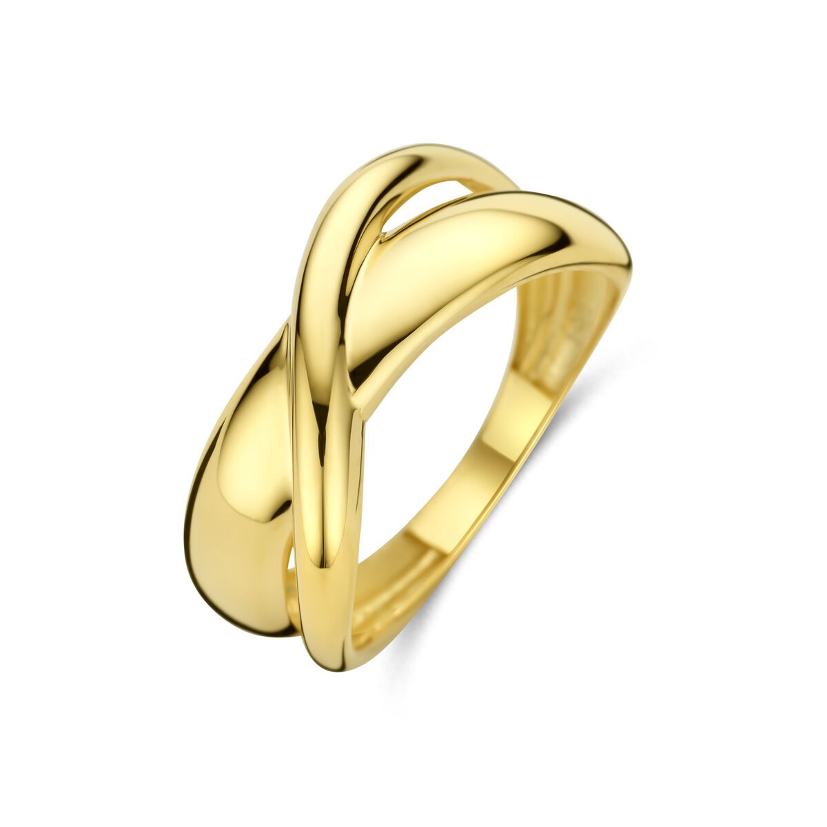 Anillo de dama de oro amarillo de 14k con banda ancha de 8,5 mm y diseño entrelazado.