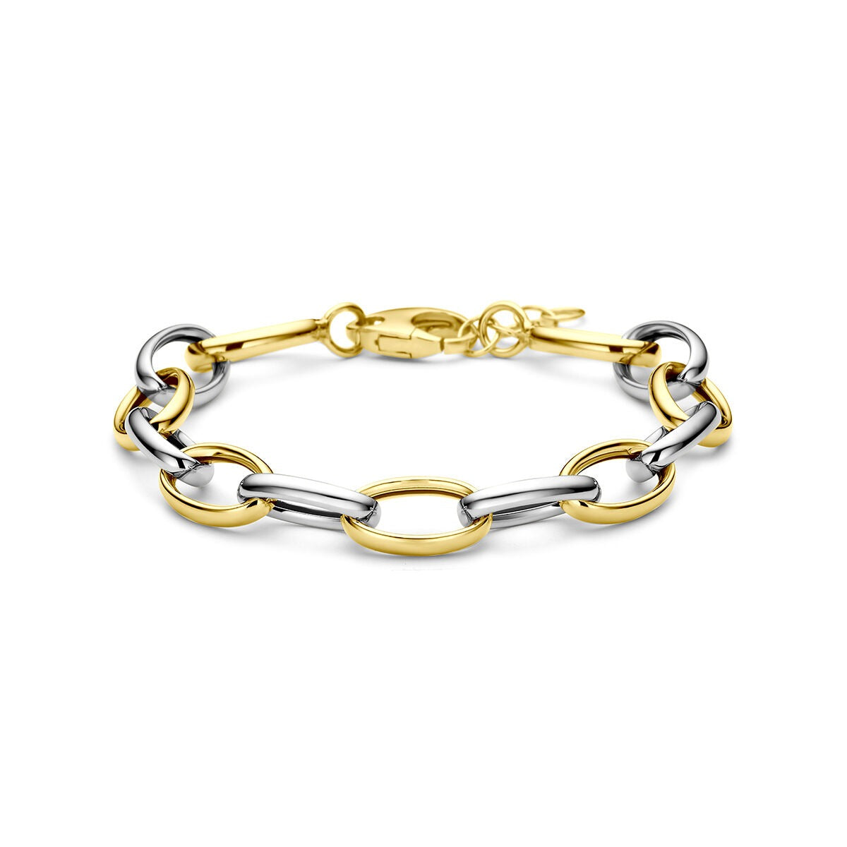 Pulsera de ancla de plata 925 dorada y rodiada con eslabones alternos en tonos dorado y plateado.