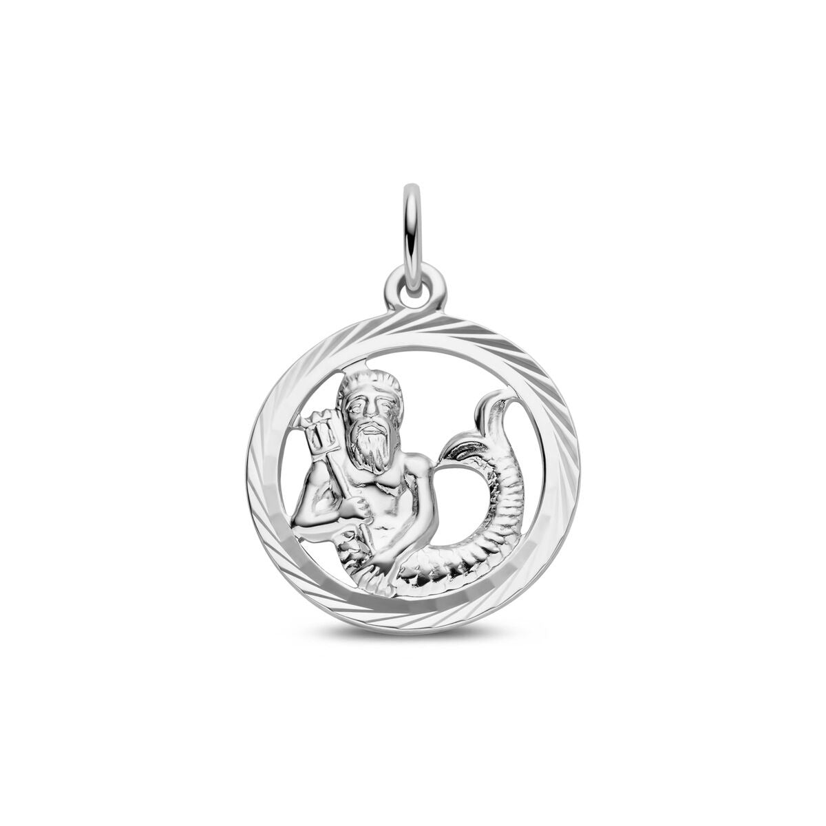 Colgante de plata de ley con diseño de signo zodiacal, forma circular y detalles en relieve.