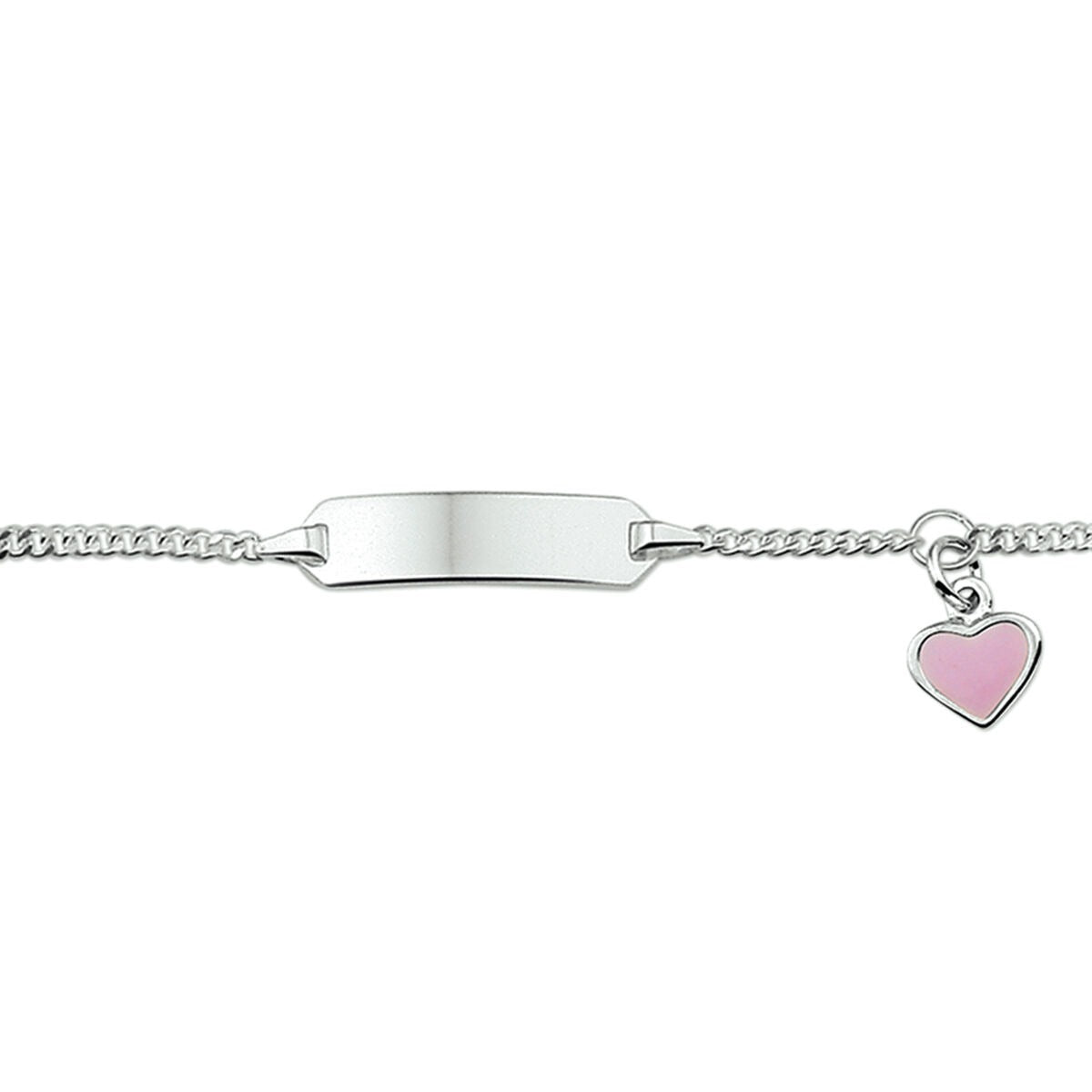 Pulsera de plata rodiada para niños con placa grabable y charm de corazón esmaltado rosa.