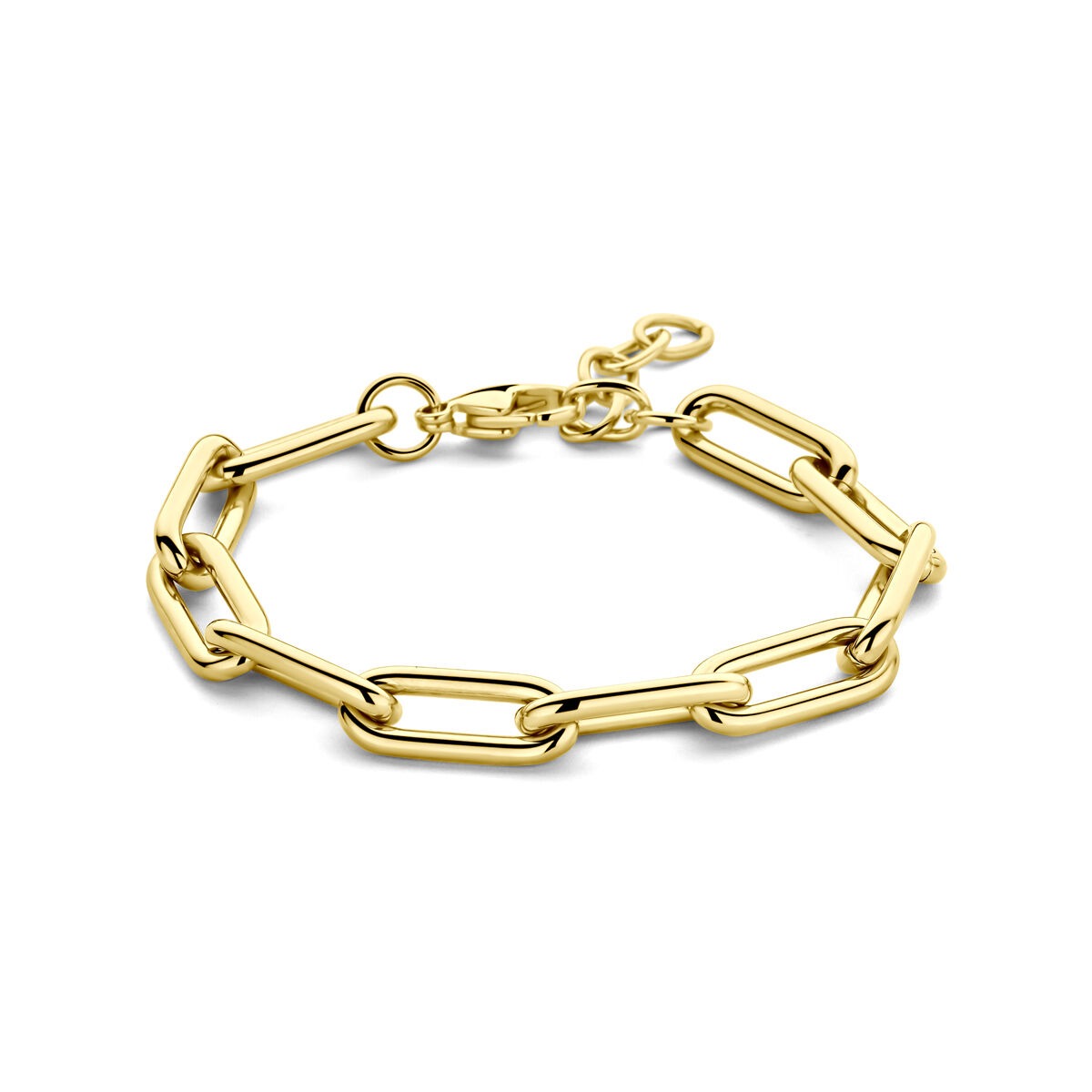 Pulsera de acero con baño de oro, con eslabones alargados y cierre de langosta.