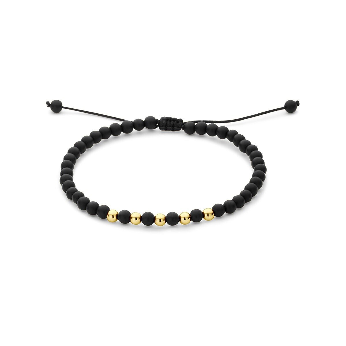 Pulsera de oro amarillo de 14k con cuentas de ónix y detalles de poliéster negro.