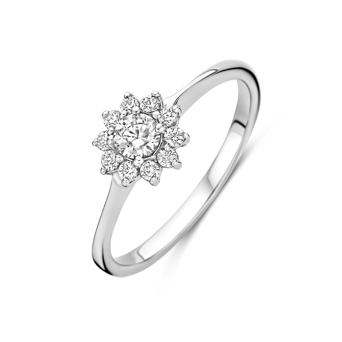 Gerhodineerde 925 zilveren ring met een bloemvormige zirkonia-setting en een glanzende, slanke band.