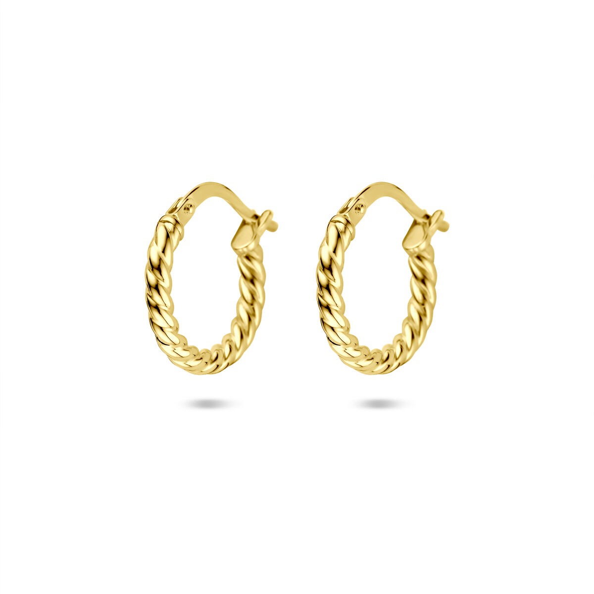Pendientes de aro dorados de 14k con diseño trenzado y cierre de bisagra de 2mm.