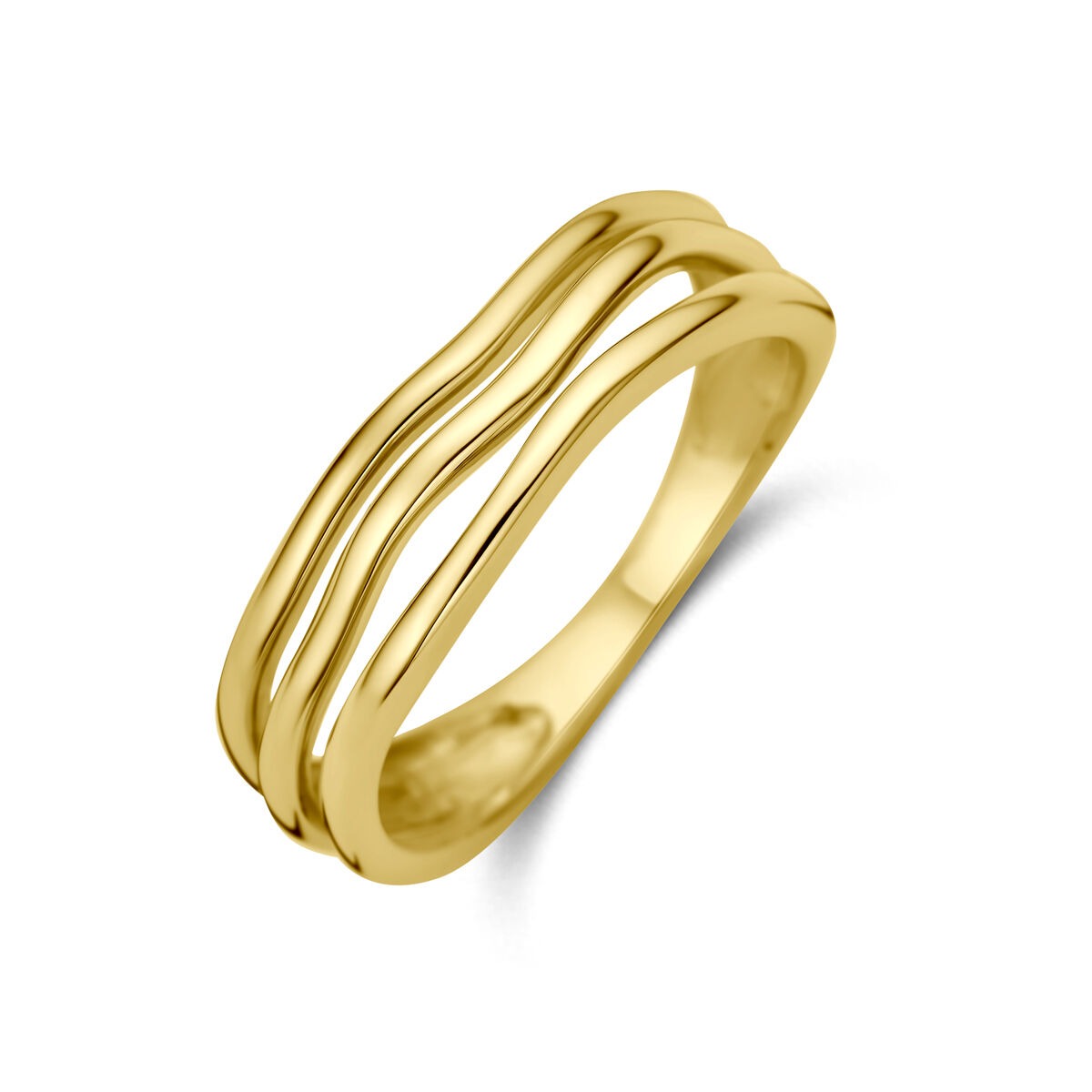Anillo de oro amarillo de 14k, con diseño de tres bandas onduladas, ancho de 5,5 mm.