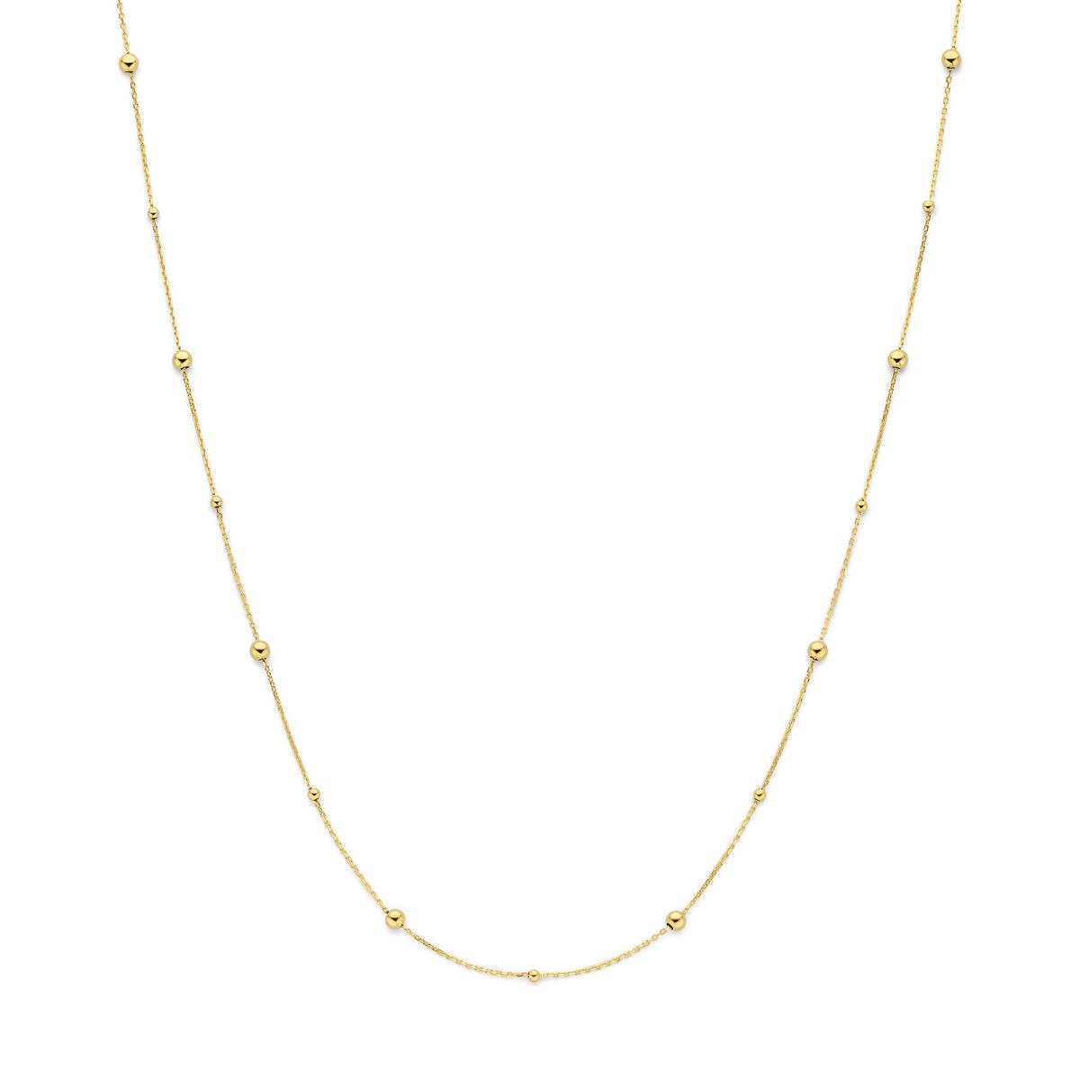 Geelgouden collier met bolletjes, met een delicate schakelstructuur en gelijkmatig verdeelde bolletjes.