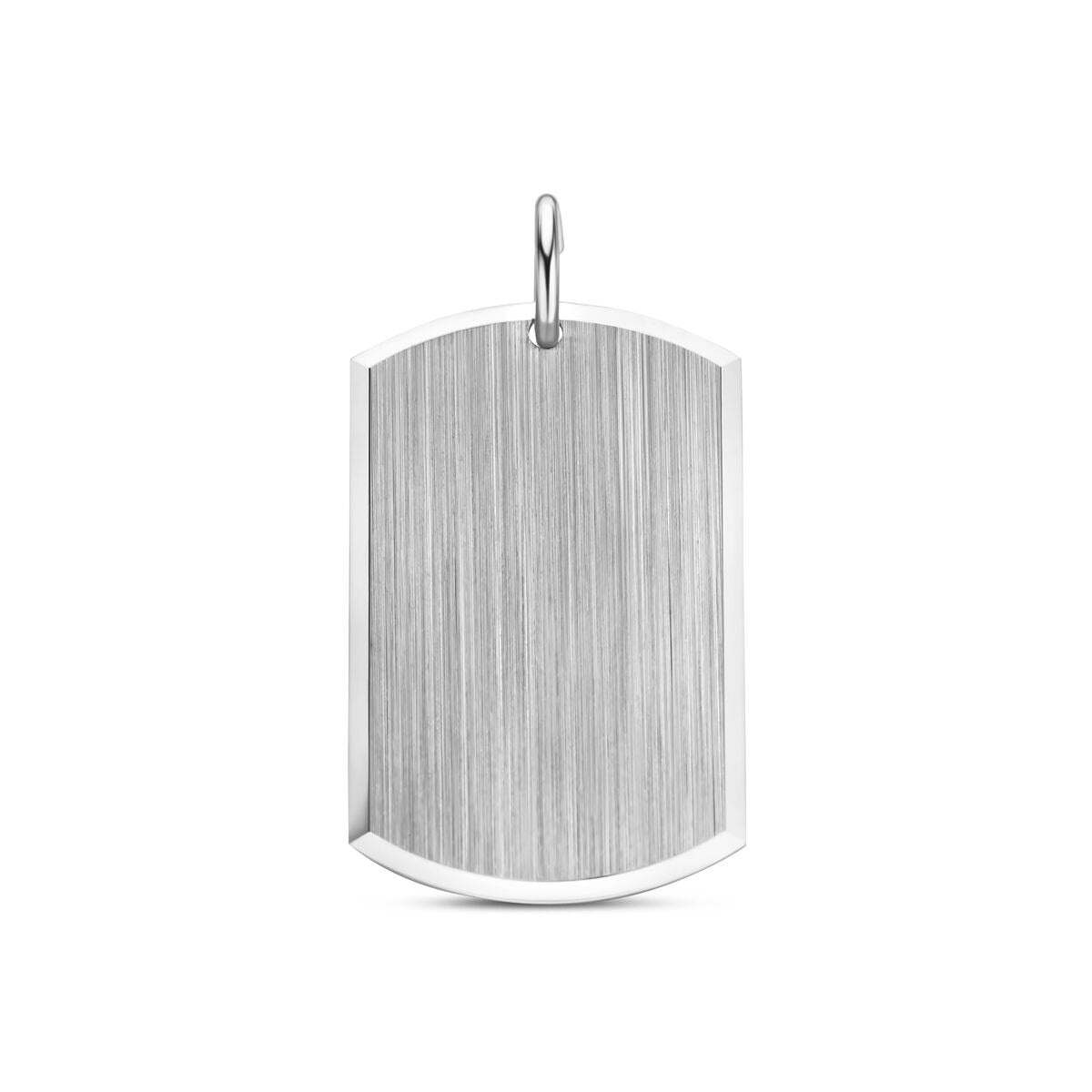 Colgante de plata grabado de 30 mm, acabado en rodio con textura cepillada.