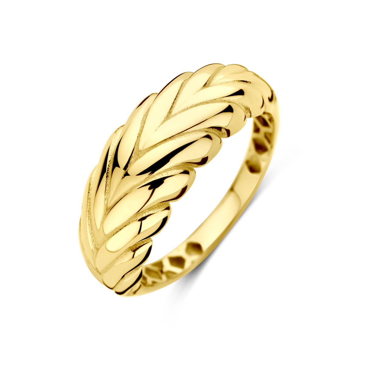 Anillo de oro amarillo de 14 quilates con diseño trenzado y acabado brillante.