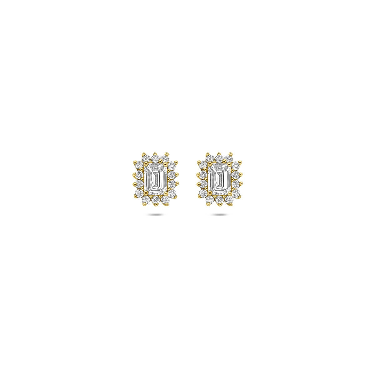 Pendientes de oro amarillo de 14k con diamantes lab-grown en forma de esmeralda y detalle floral.