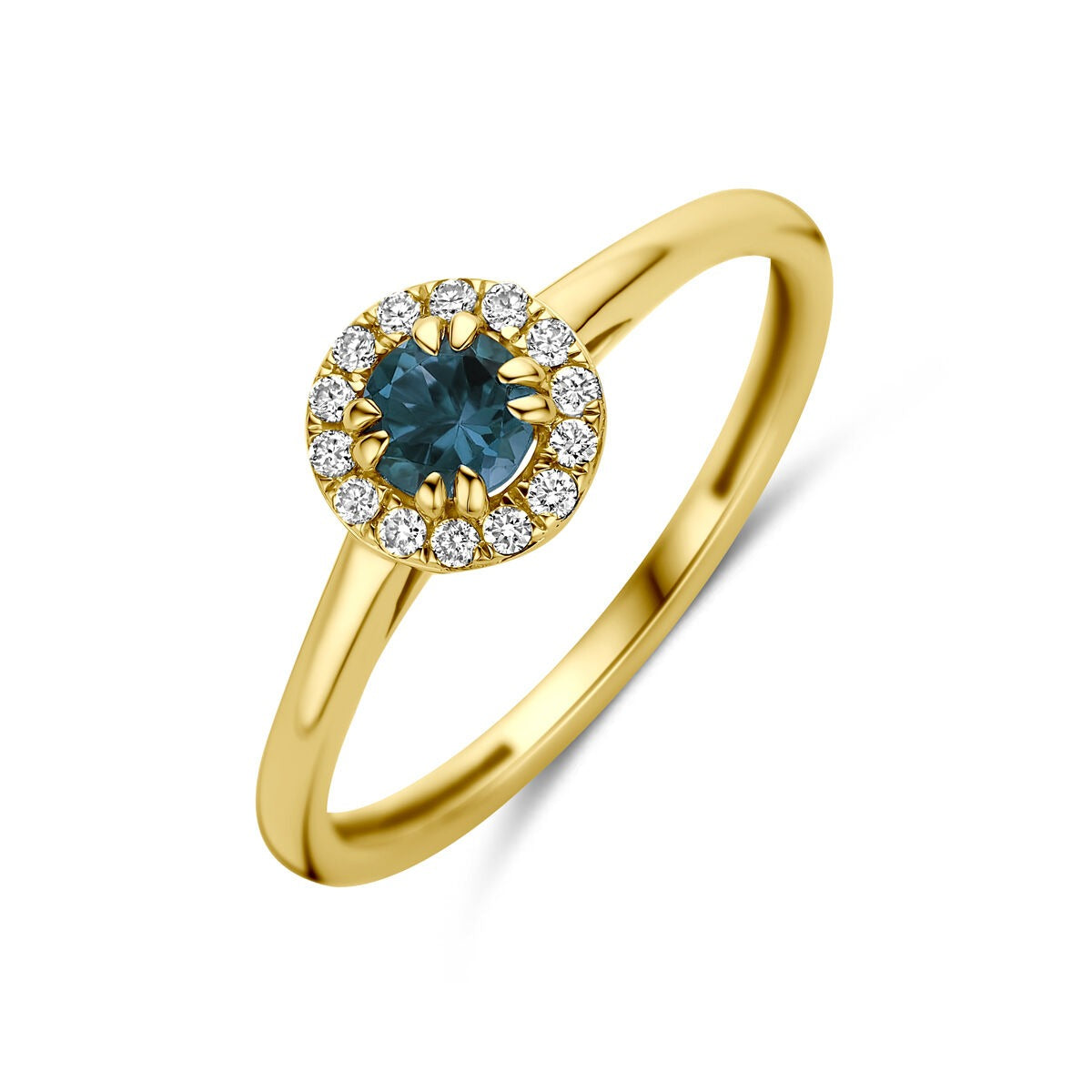 Anillo de oro amarillo de 14k con topacio azul de Londres y diamantes cultivados en laboratorio.