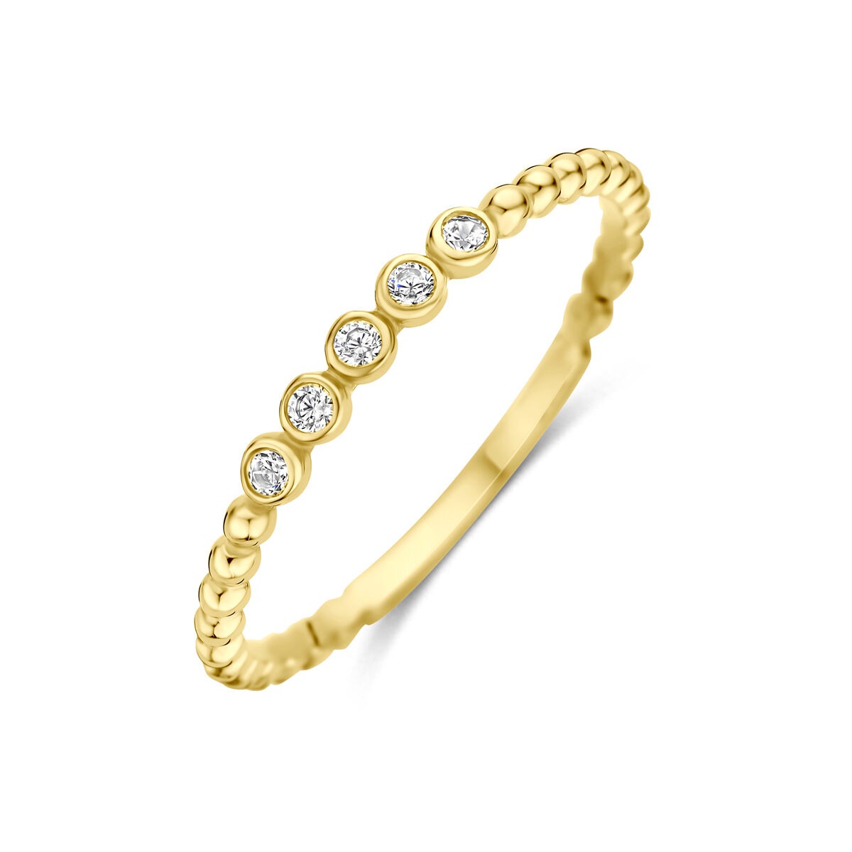 Anillo de oro amarillo de 14k con cinco circonitas engastadas en un diseño delicado.