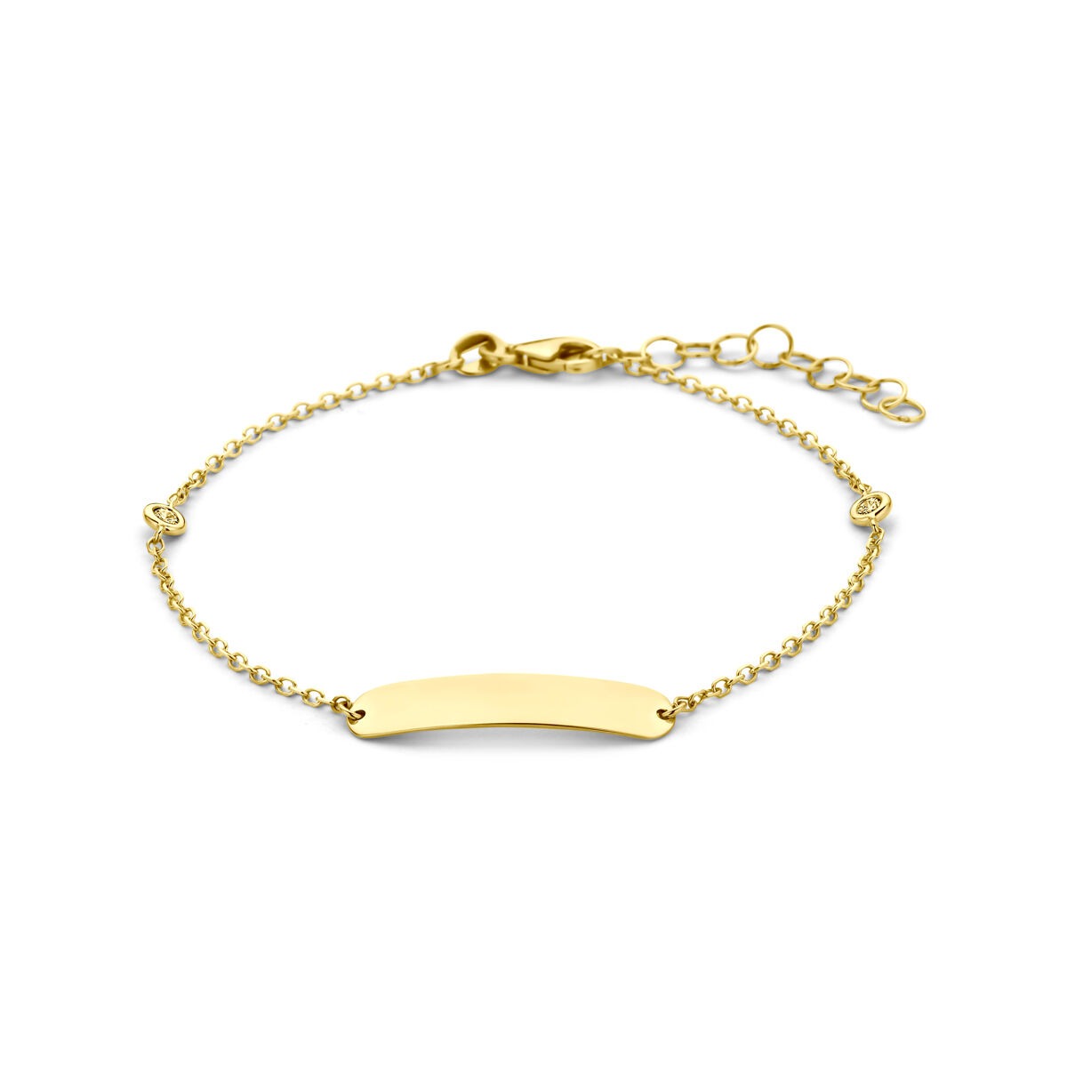 Pulsera de oro amarillo de 14k con placa para grabar y diamante cultivado en laboratorio.