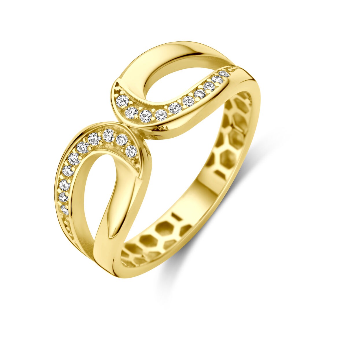 Anillo de oro amarillo de 9 quilates con zircón, diseño entrelazado y detalles brillantes.
