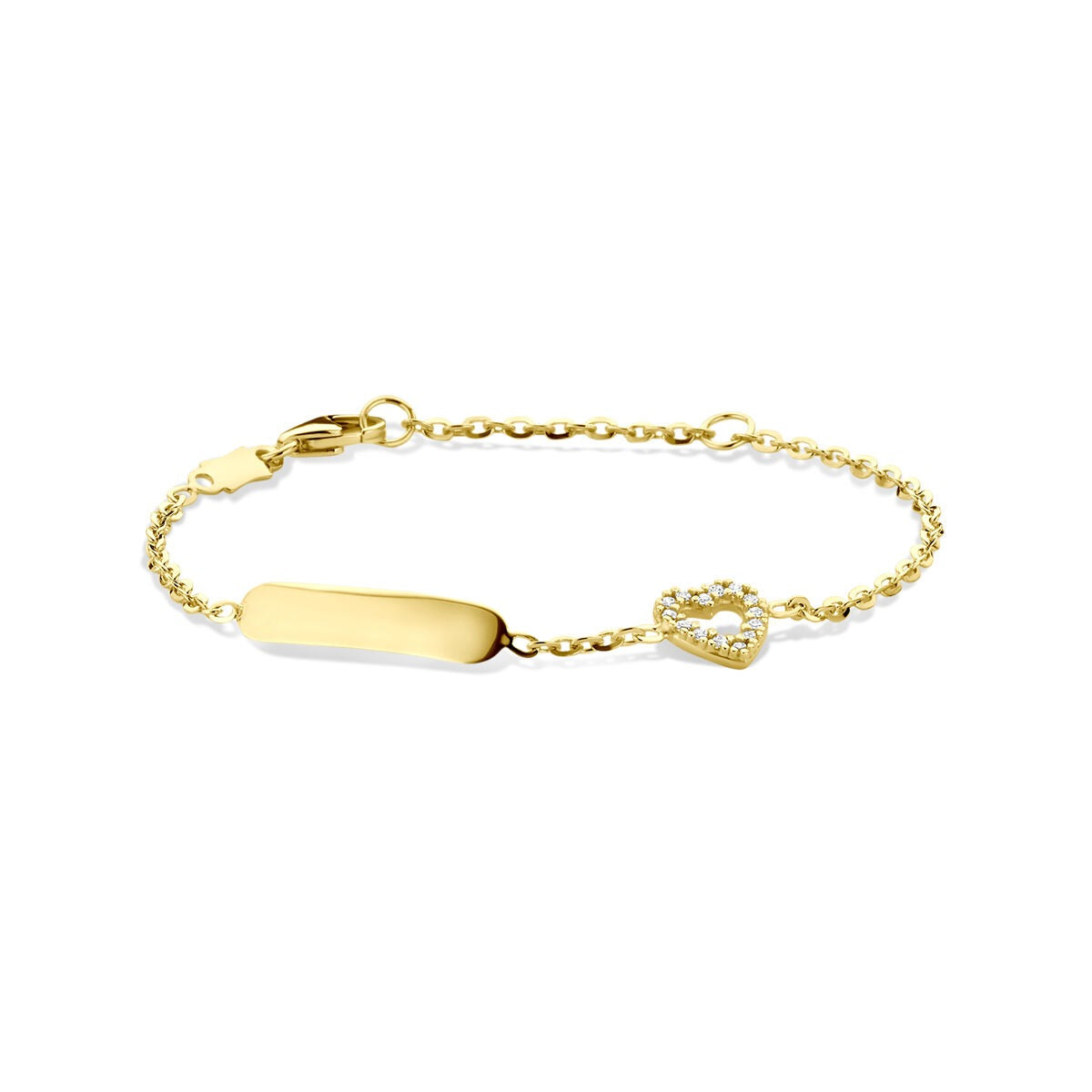 Pulsera de oro amarillo de 14k con un charm en forma de corazón y zirconias.