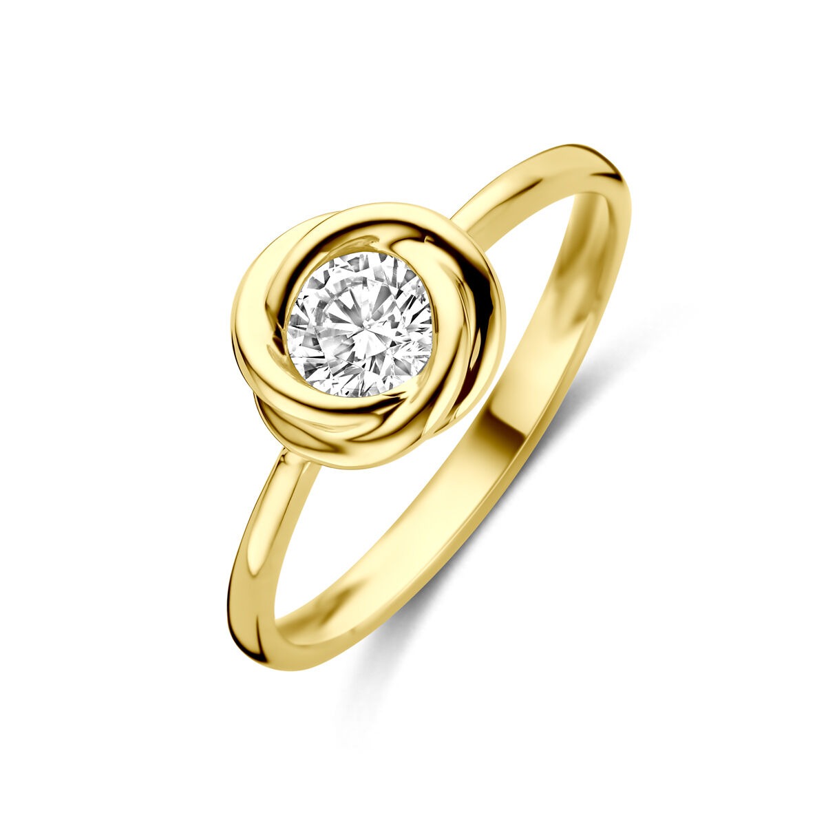 Anillo de dama en oro amarillo de 14k con circonita, diseño clásico y forma redonda.