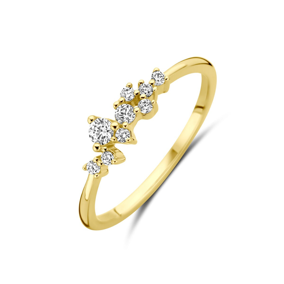 Anillo de oro amarillo de 9 quilates con circonitas brillantes y un diseño refinado.