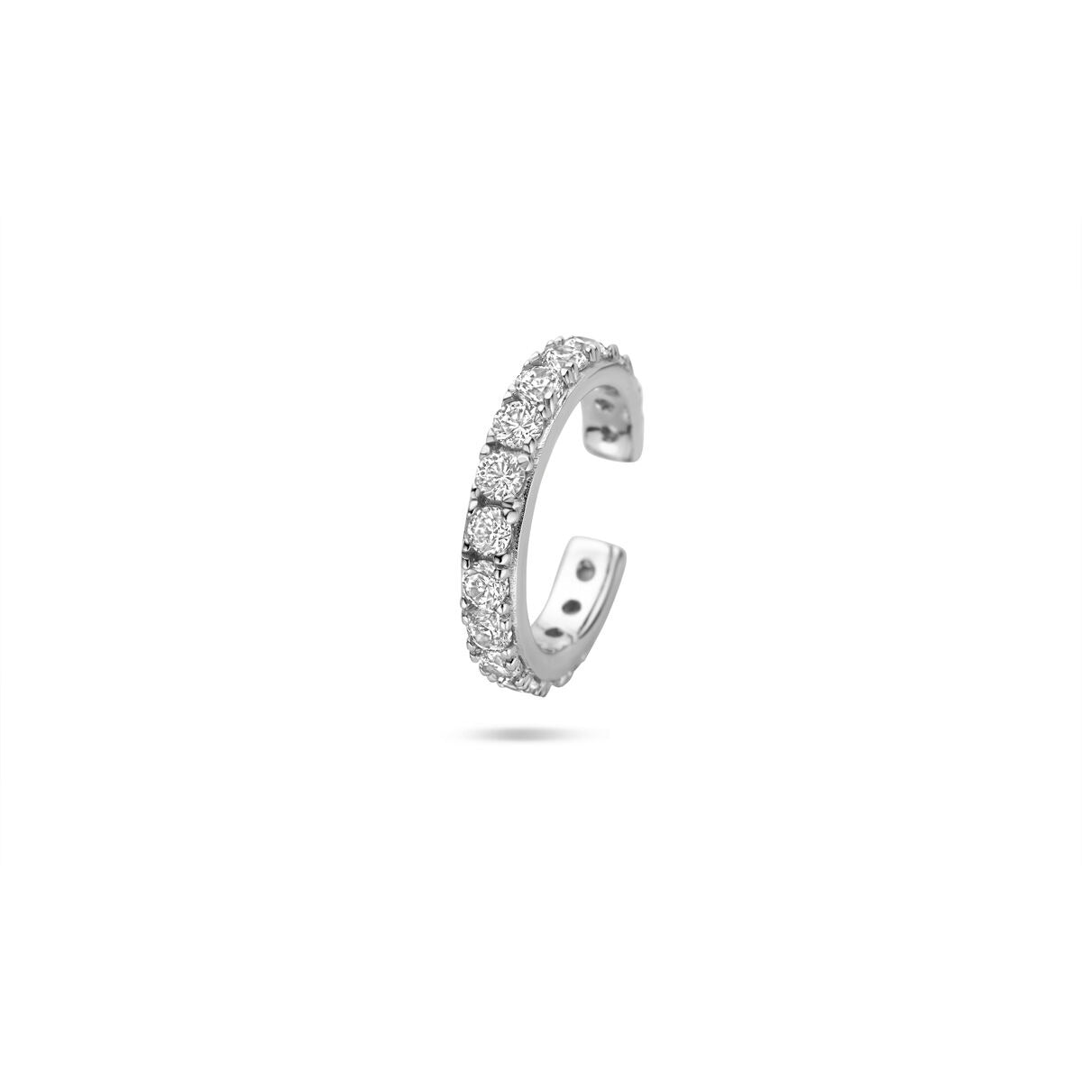 Ear cuff de plata rodiada con circonitas, mide 14.5x2.5 mm.