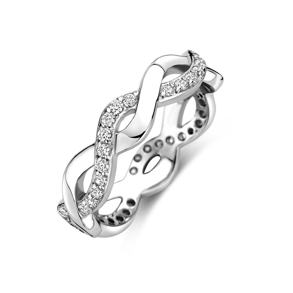 Anillo de plata con zircón, diseño entrelazado y 5 mm de ancho.