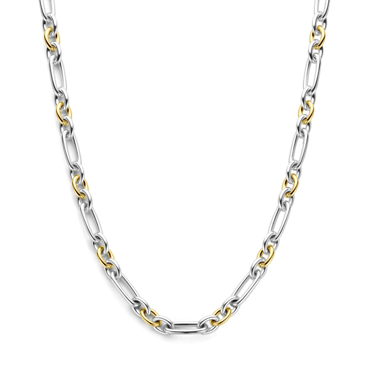 Geelgouden en zilveren anker collier met een schakelpatroon van grote en kleine schakels.