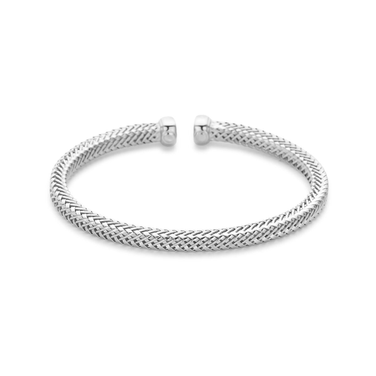 Pulsera de plata 925 rodiada con diseño trenzado, diámetro de 58 mm y ancho de 4.5 mm.