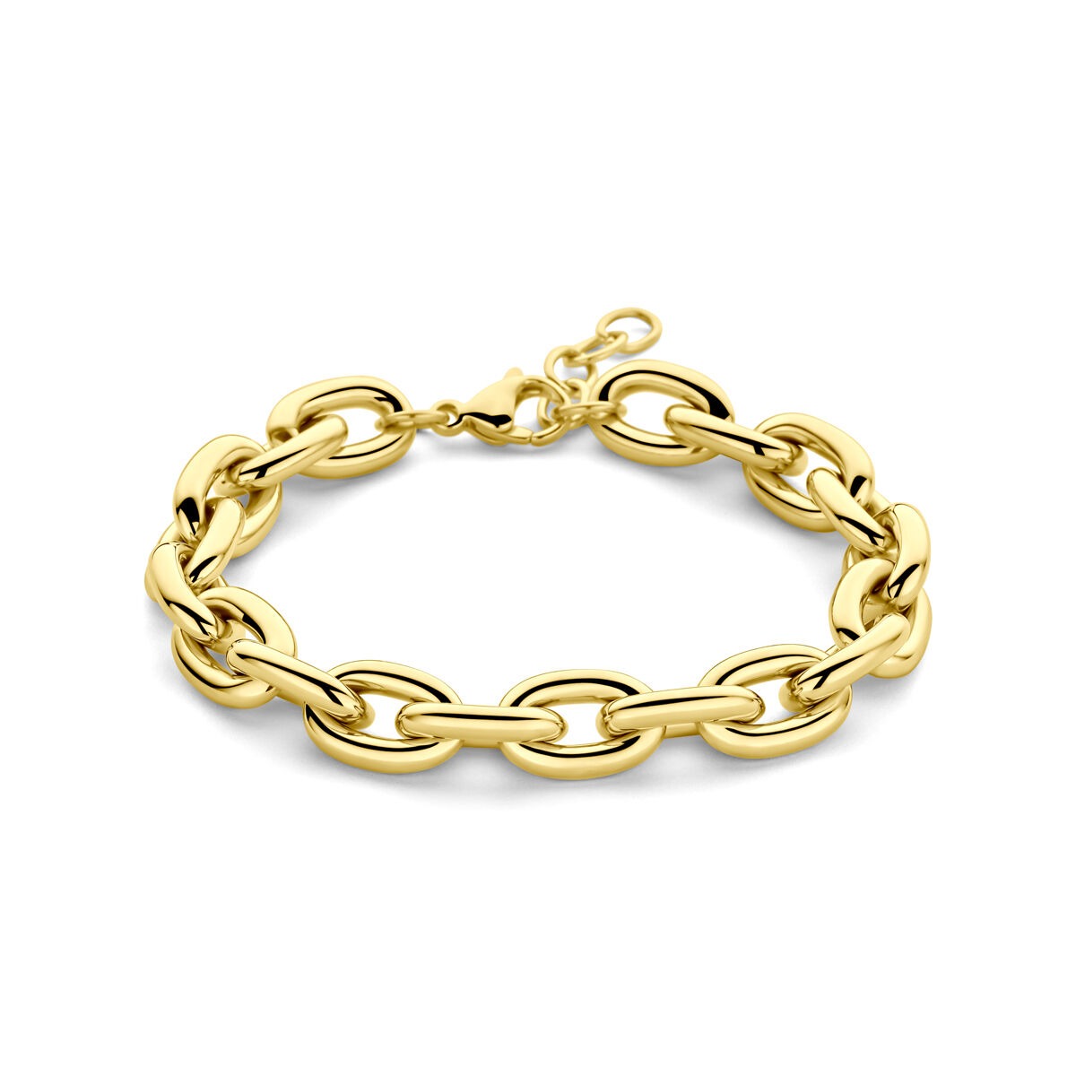 Pulsera de acero color dorado con eslabones en forma de ancla, ajustable de 18 a 20 cm.