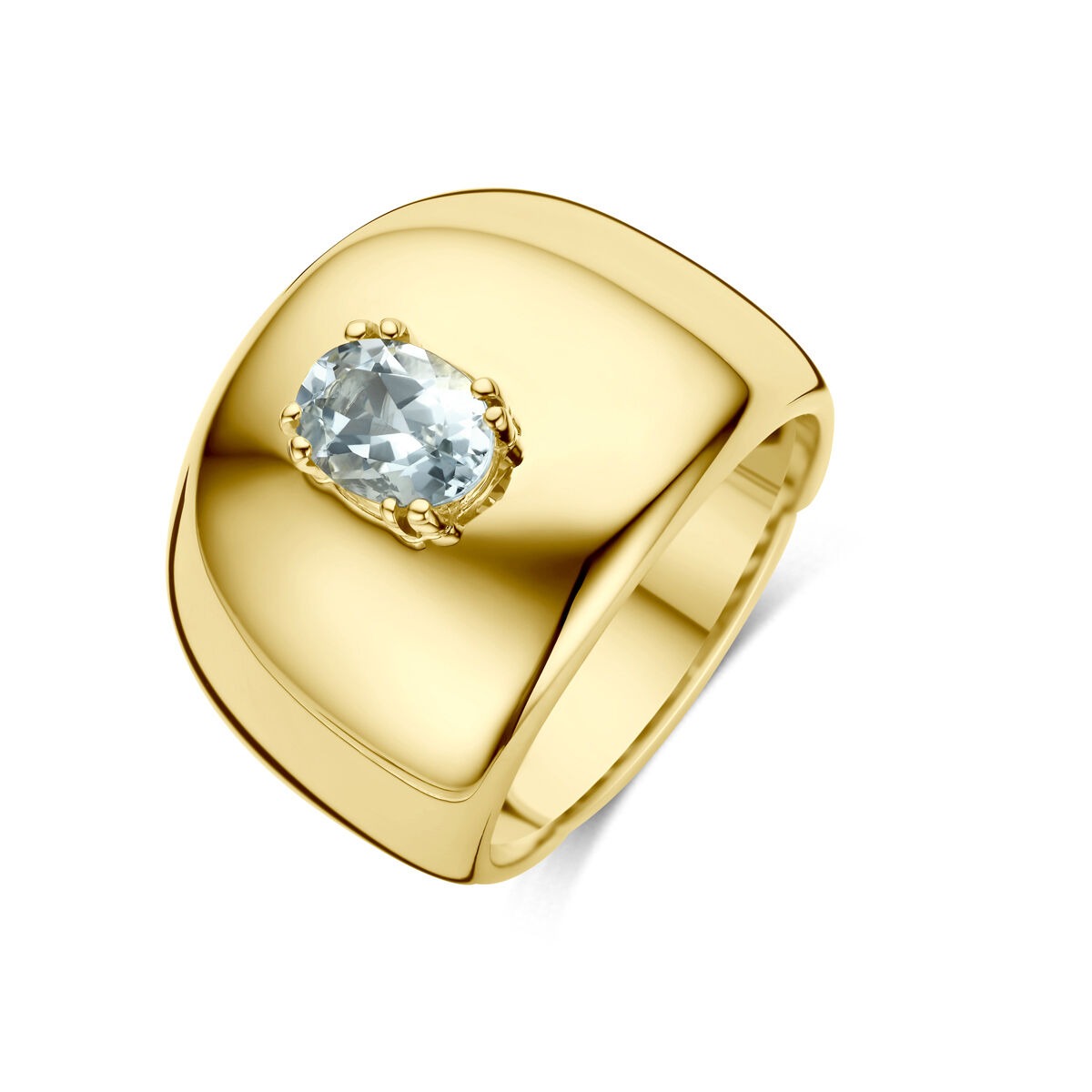 Anillo de oro amarillo de 14k con una piedra de aquamarina ovalada en el centro.