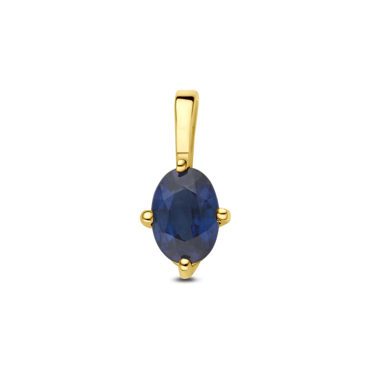 Colgante de oro amarillo de 14k con una piedra de zafiro ovalada.