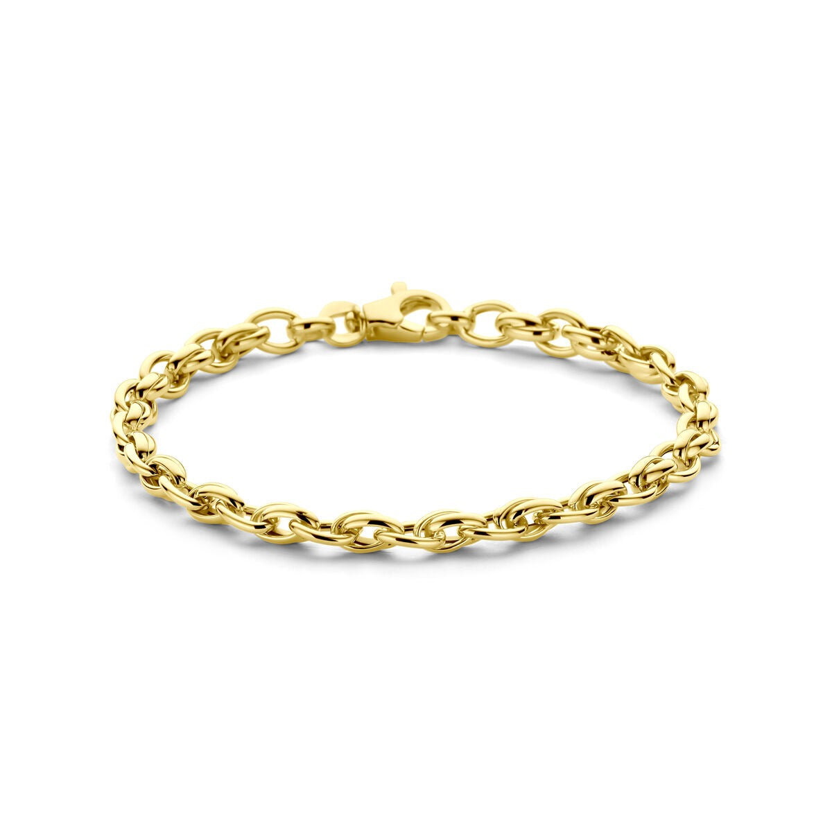 Pulsera de 9 quilates en color dorado con eslabones de diseño, longitud de 19 cm.