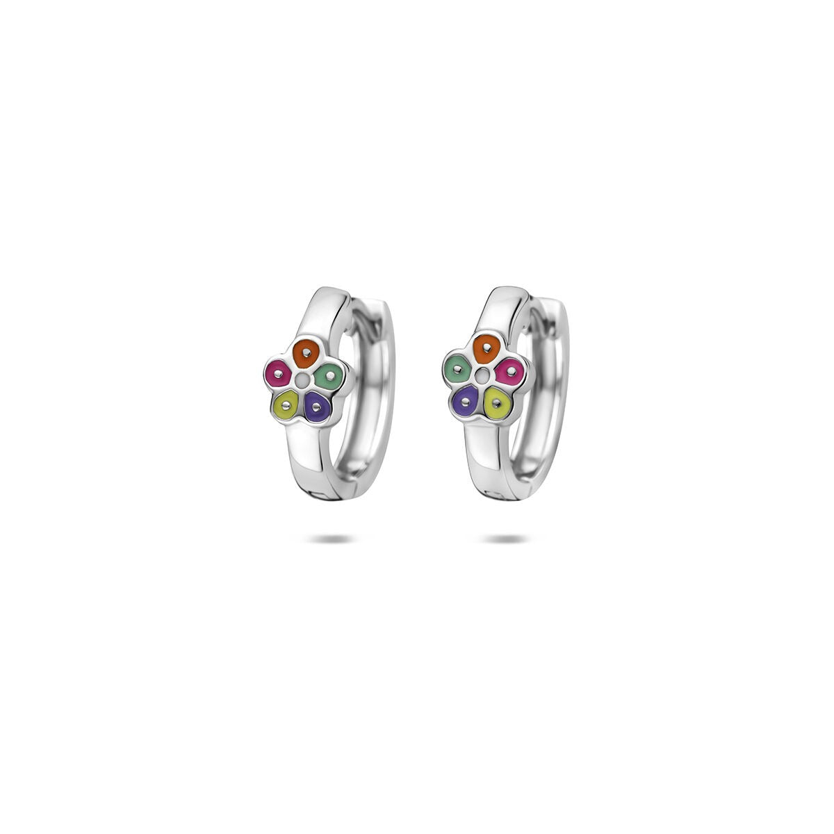 Aros de plata 925 rodiada con flor de esmalte multicolor.