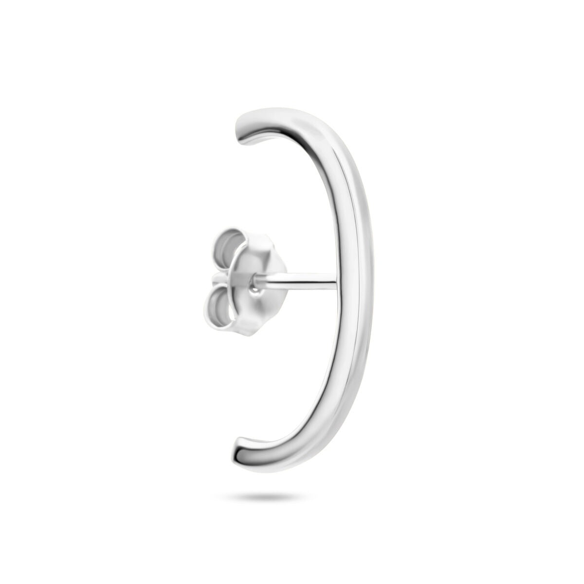 Pendiente de aro de plata 925 con acabado en rodio, de forma curva y brillante.