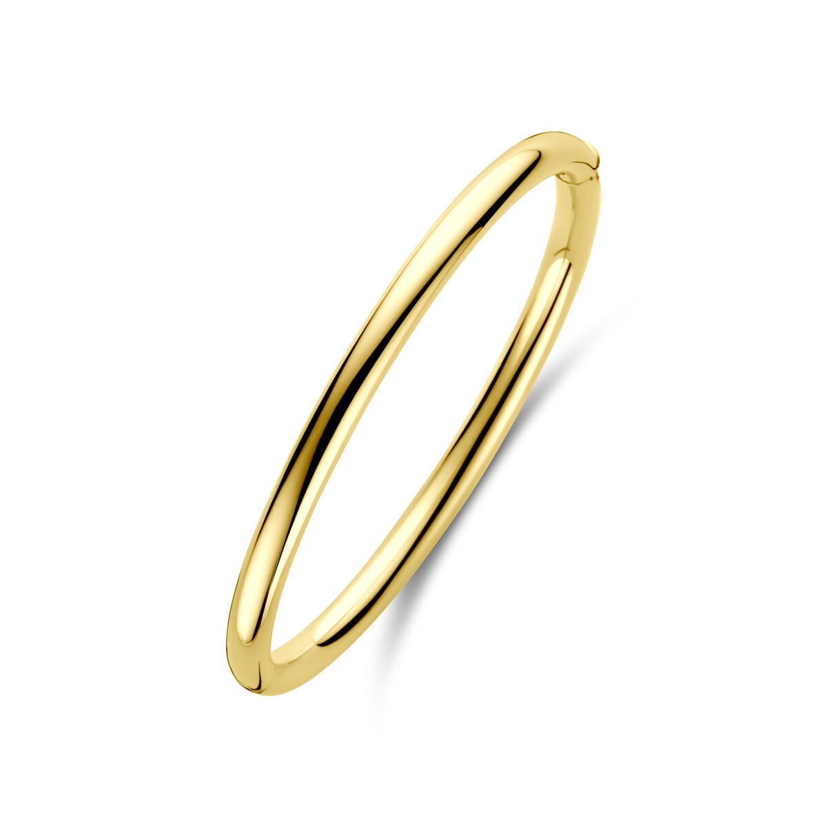 Brazalete de dama de oro amarillo de 14k, ancho de 5 mm, con un diseño liso y brillante.