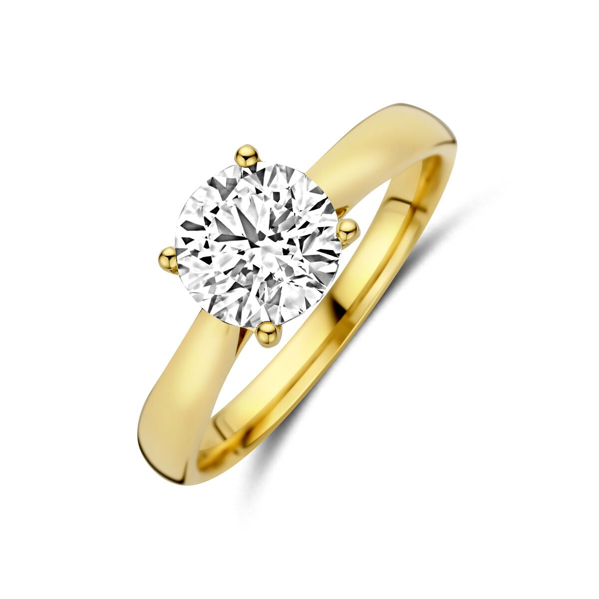 Anillo de oro amarillo de 14k con diamante lab-grown de 1.50 ct, diseño clásico y brillante.