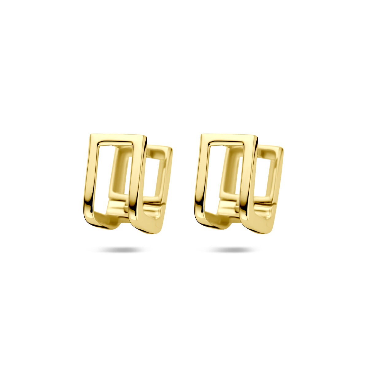 Pendientes de aro de 11 mm, bañados en oro amarillo de 1 micrón, con diseño moderno y geométrico.