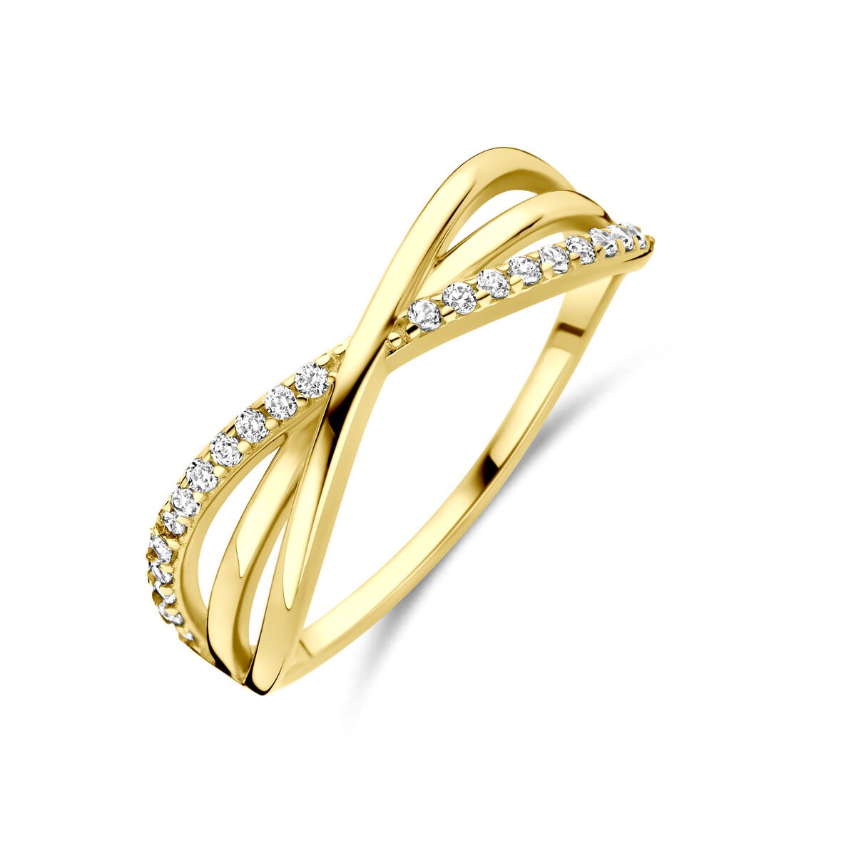 Anillo de dama en oro amarillo de 14k con zircón, diseño entrelazado y piedras brillantes.