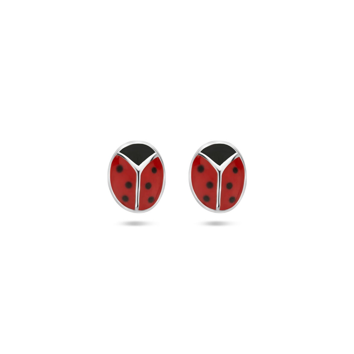 Pendientes de primera puesta de plata con diseño de mariquita, esmaltados en rojo y negro.