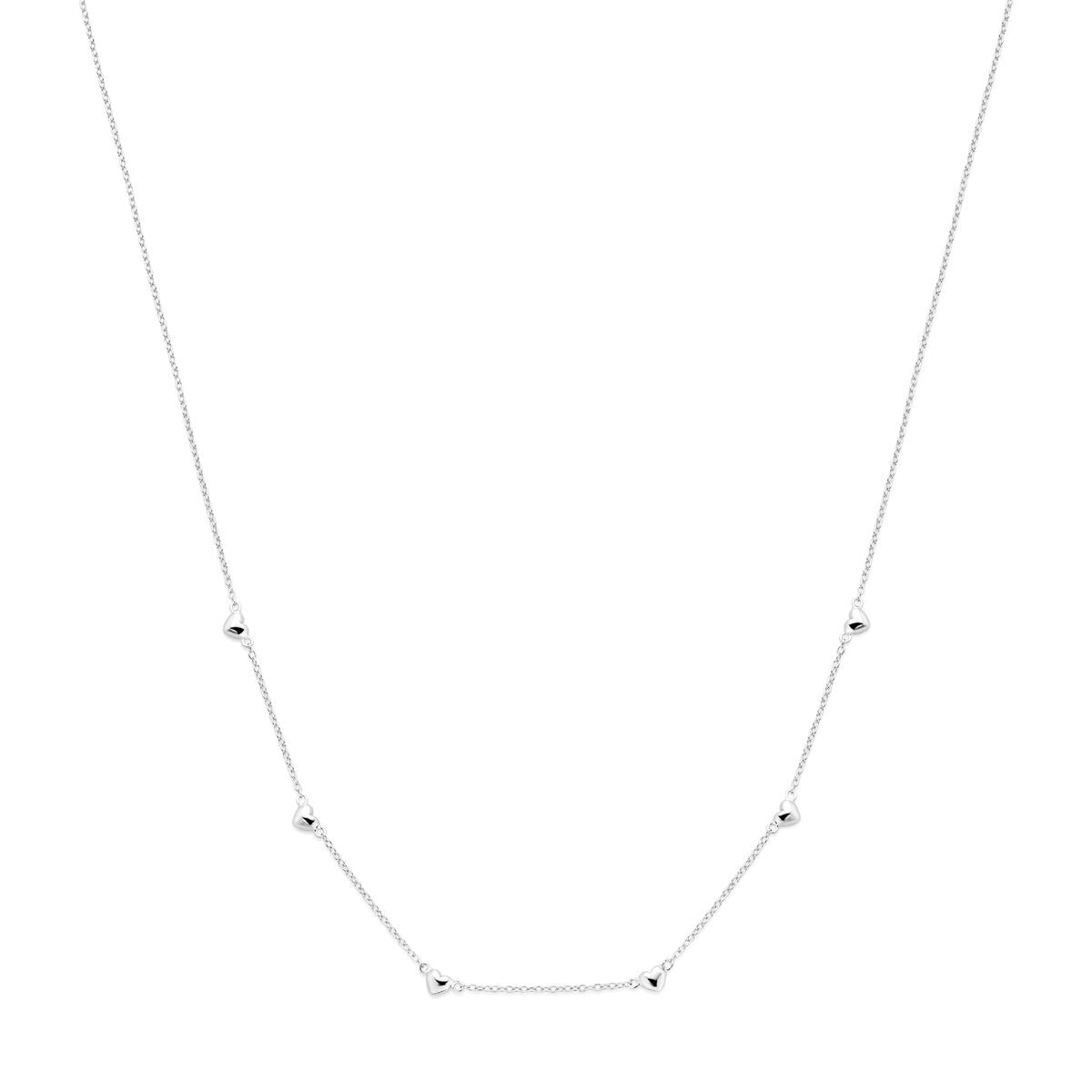 Collar de plata con corazones, acabado rodiado, de 45 cm de longitud.