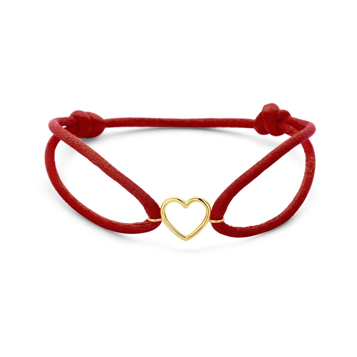 Pulsera de satén rojo con un corazón de oro amarillo de 14 quilates.