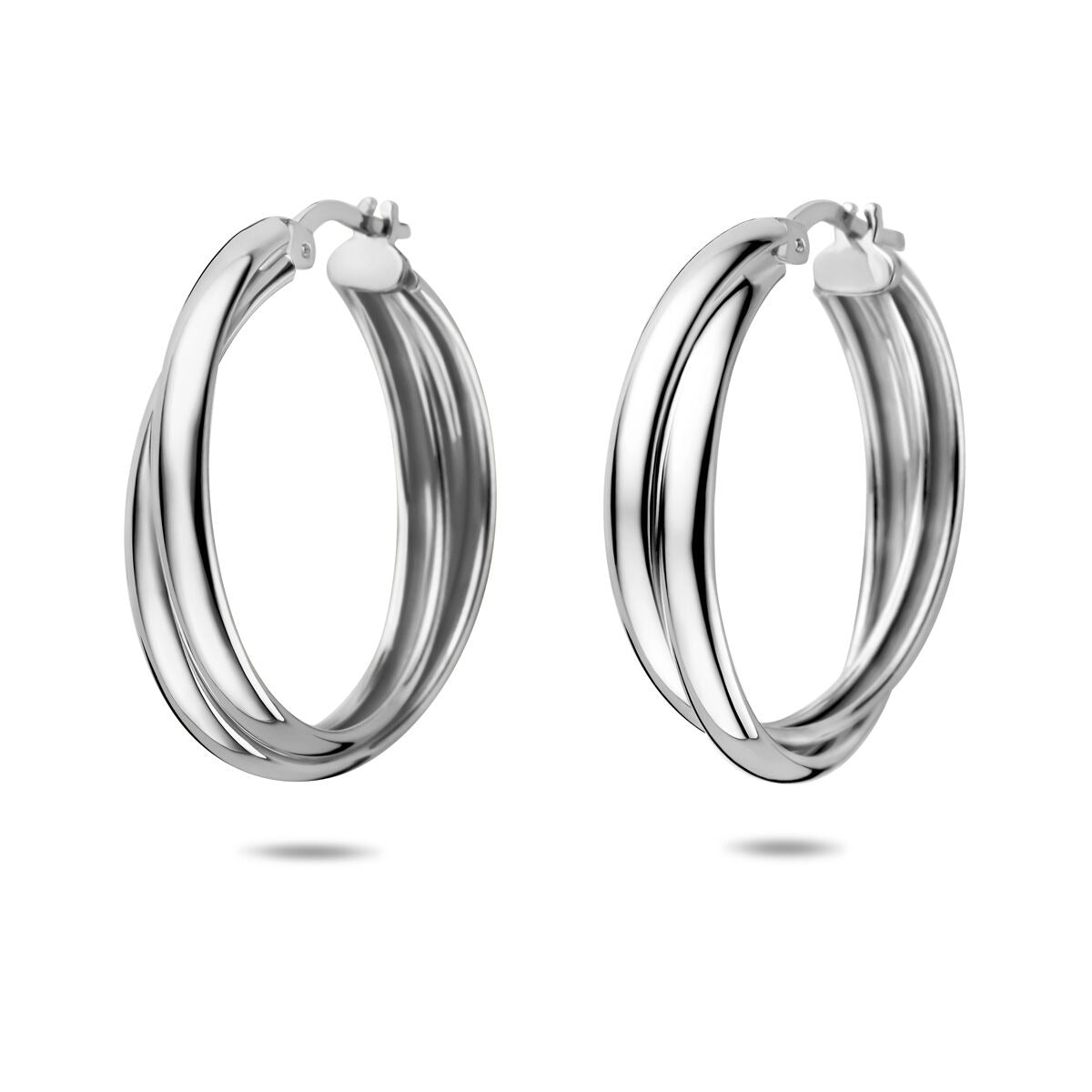 Aros de plata 925 con acabado en rodio, de diseño doble y brillante.