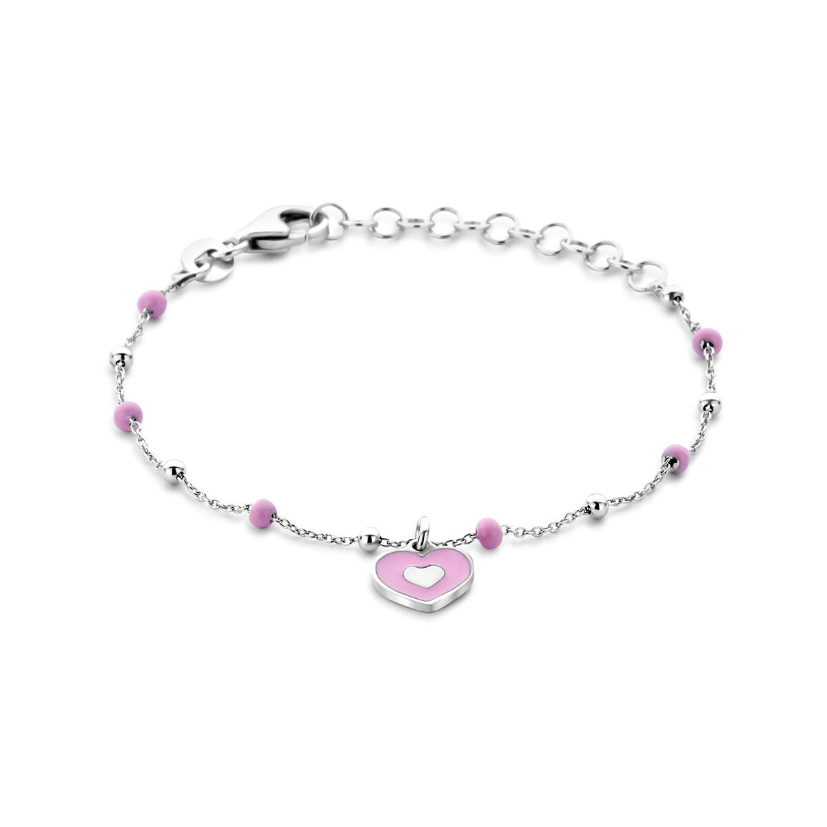 Pulsera de bebé plateada con un colgante en forma de corazón y cuentas rosas, ajustable de 13 a 3 cm.