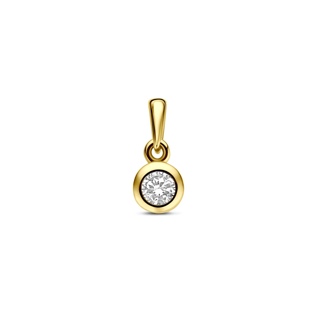 Colgante de oro amarillo de 14k con circonita, de forma redonda y 11 mm de diámetro.
